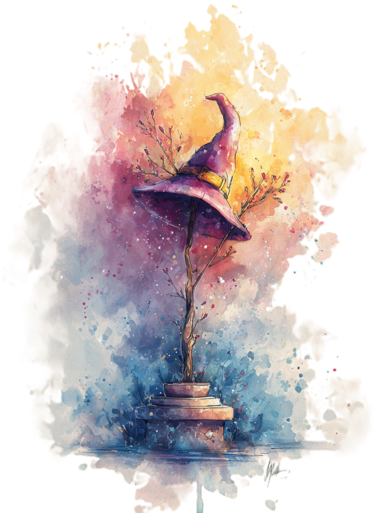 Aquarell-Illustration eines Zauberhuts auf einem Ast